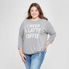 Women's Plus Size Short Sleeve I Need A Latte Coffee Tie Front Graphic T-shirt - Modern Lux (juniors') Heather Gray