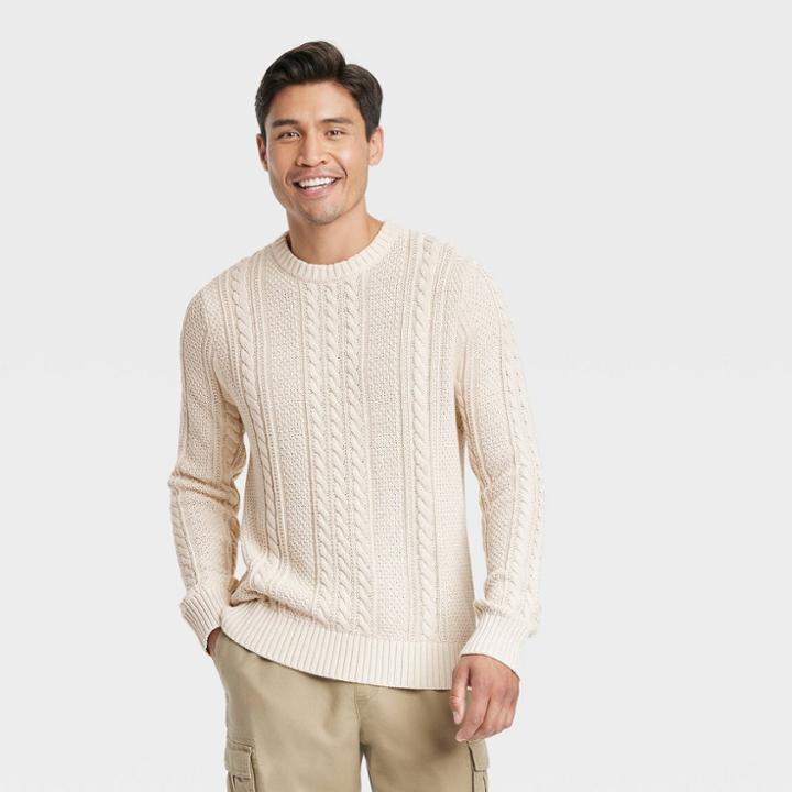 Men's Crew Neck Cable Knit Pullover - Goodfellow & Co Cream
