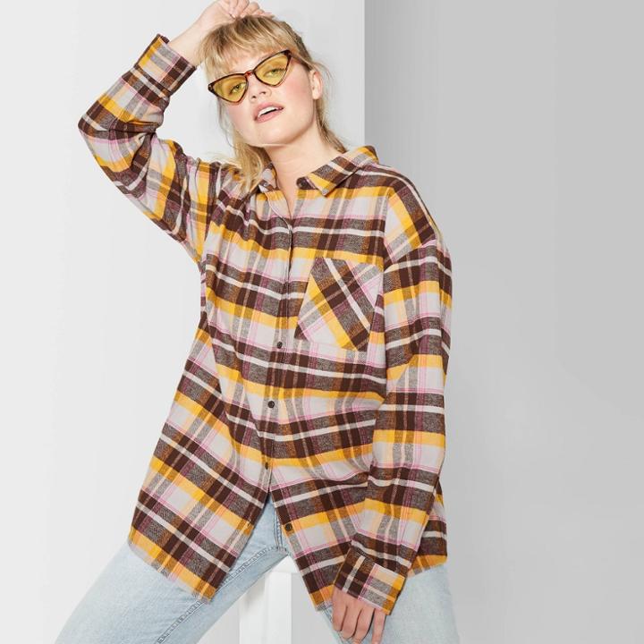 Women's Plus Size Plaid Long Sleeve Button-down Heavy Weight Flannel Shirt - Wild Fable Brown/gold/pink