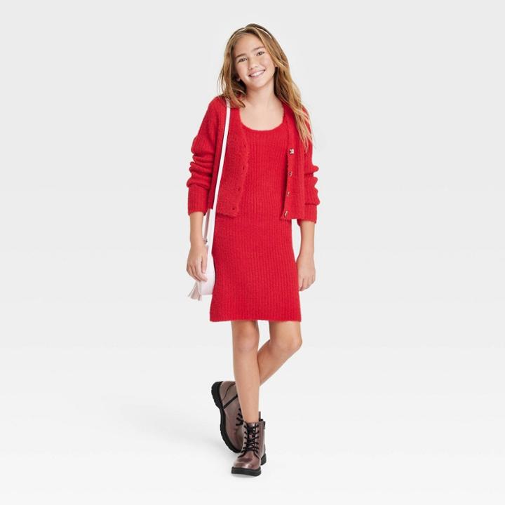 Girls' Cozy Cardigan & Dress Set - Art Class Red