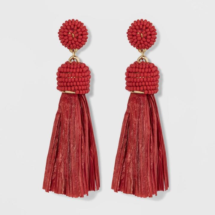 Seed Bead And Simulated Raffia Tassel Drop Earrings - A New Day Red