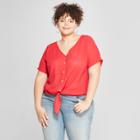 Women's Plus Size Tie Front Short Sleeve T-shirt - Universal Thread Red X
