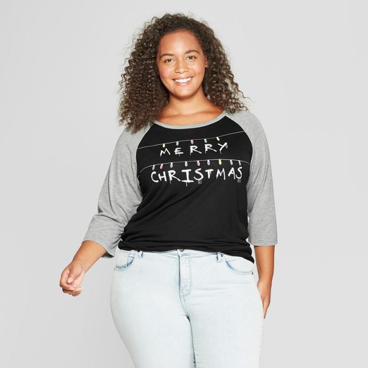 Zoe+liv Women's Stranger Things Plus Size 3/4 Sleeve Merry Christmas Raglan Graphic T-shirt - (juniors') Black