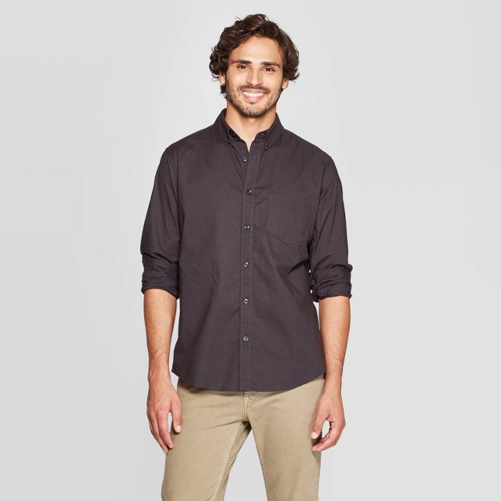 Men's Standard Fit Long Sleeve Northrop Poplin Button-down Shirt - Goodfellow & Co Hematite
