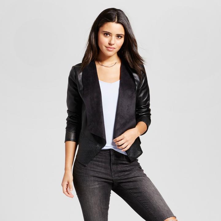 Bagatelle Collection Women's Faux Leather Laser Cut Drape Moto Jacket - Bagatelle Black