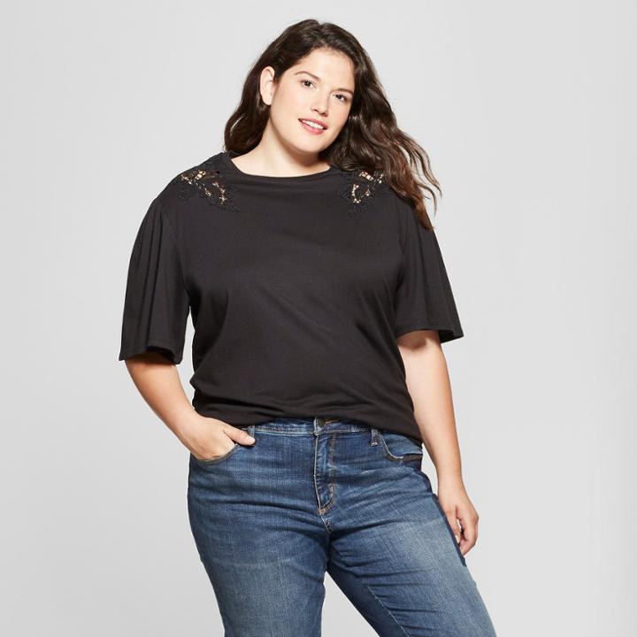 Women's Plus Size Short Sleeve T-shirt With Crochet Detail - Ava & Viv Black