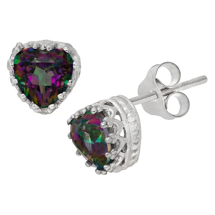1 1/2 Tcw Tiara Sterling Silver Heart-cut Rainbow Topaz Crown Earrings, Rainbow Quartz