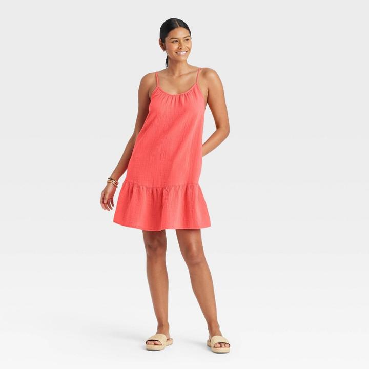 Women's Sleeveless Tiered Gauze Dress - Universal Thread Coral