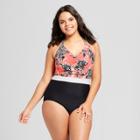 Sea Angel Women's Plus Size Colorblocked Floral Halter One Piece Swimsuit - Coral/black