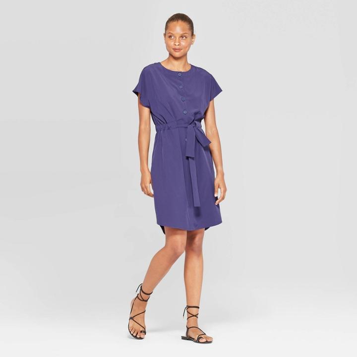 Target Women's Short Sleeve Crewneck Front Button-down Jewel Neck Shift Dress - Prologue Navy (blue)