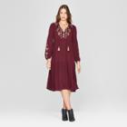 Women's Long Sleeve Embroidered Peasant Dress - Knox Rose Burgundy