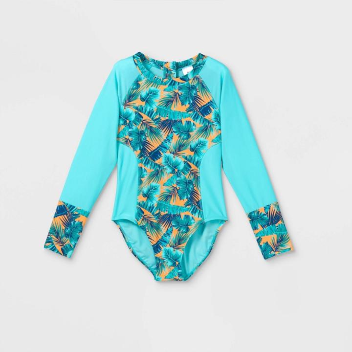Girls' Palm Print Long Sleeve One Piece Swimsuit - Art Class