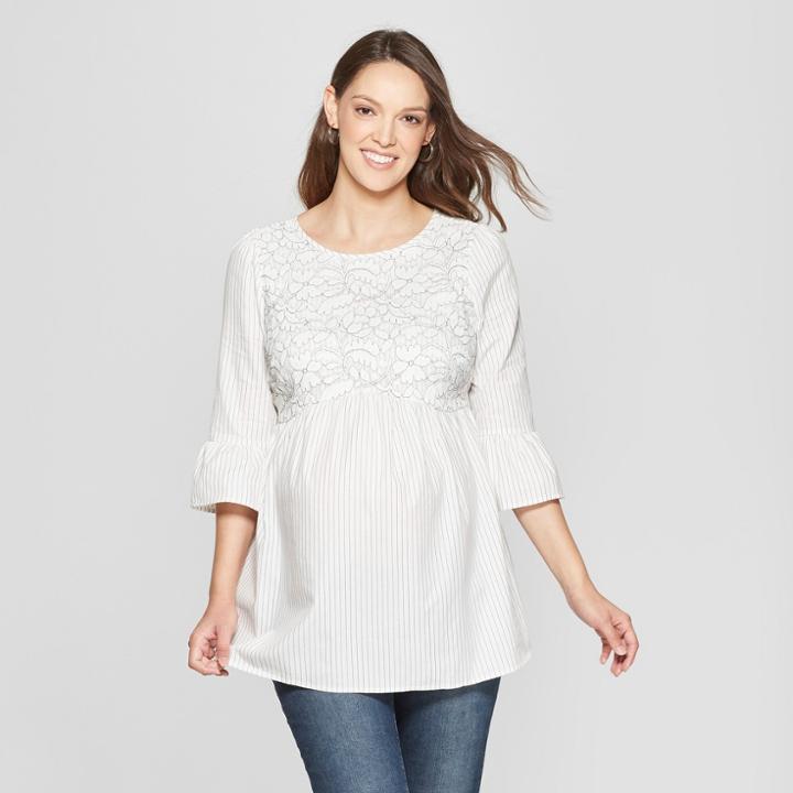 Maternity Striped Peplum Blouse With Lace - Isabel Maternity By Ingrid & Isabel White Xl, Women's, Gray