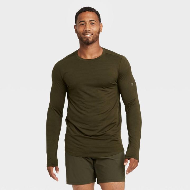 Men's Striped Soft Long Sleeve Gym T-shirt - All In Motion Dark Green