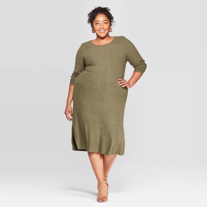 Women's Plus Size Long Sleeve Scoop Neck Ribbed Knit Dress - Ava & Viv Olive Heather 2x, Size: 2xl, Green Grey