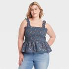 Women's Plus Size Floral Print Smocked Tank Top - Universal Thread Gray