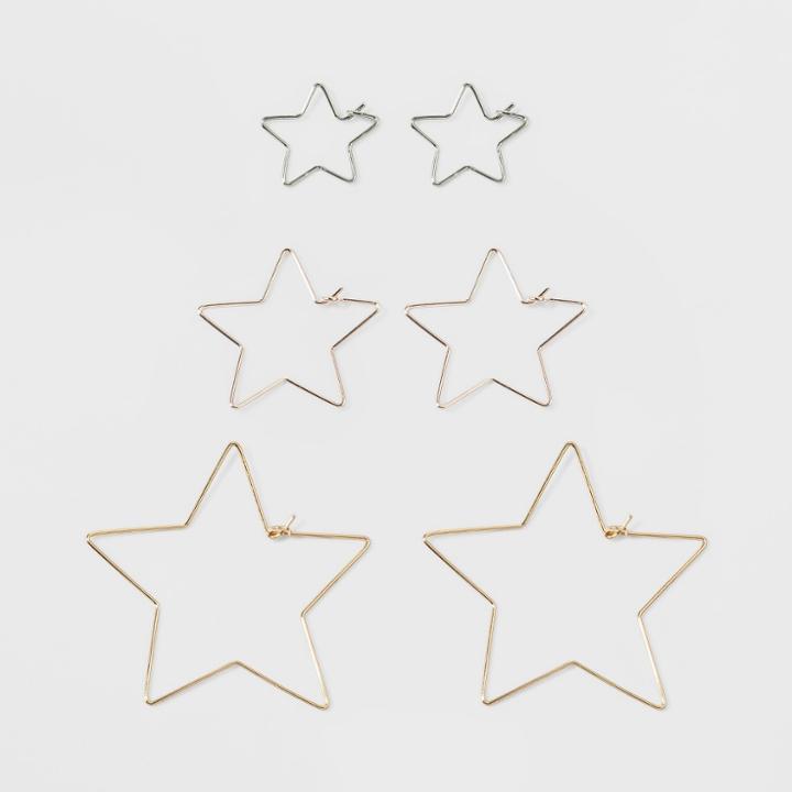 Target Three Pack Wire Hoop With Graduated Stars Earring Set, Women's,