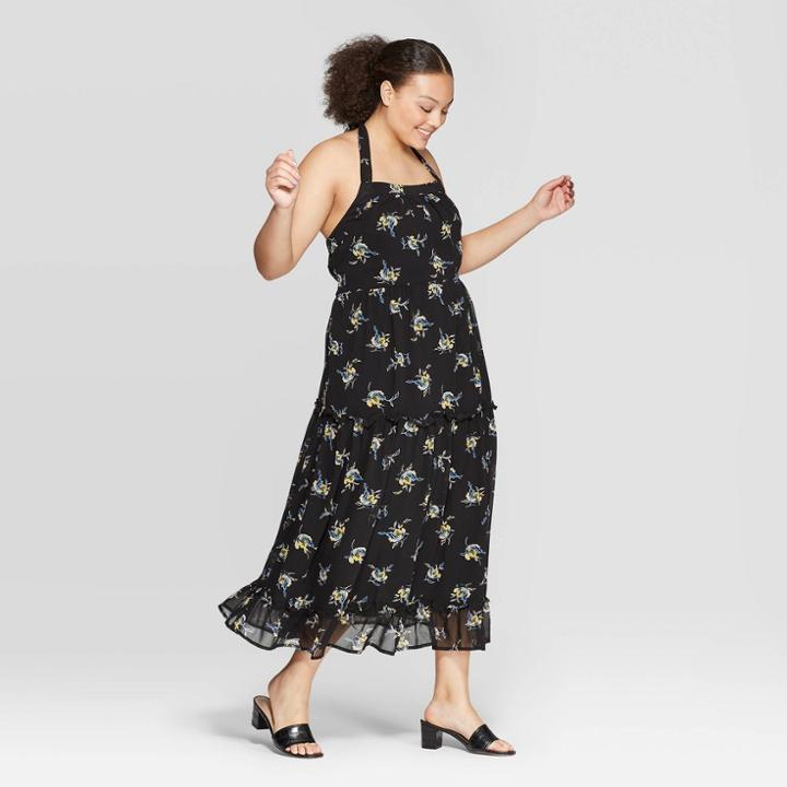 Women's Plus Size Floral Print Off The Shoulder Back Drawstring Tiered Maxi Dress - Who What Wear Black