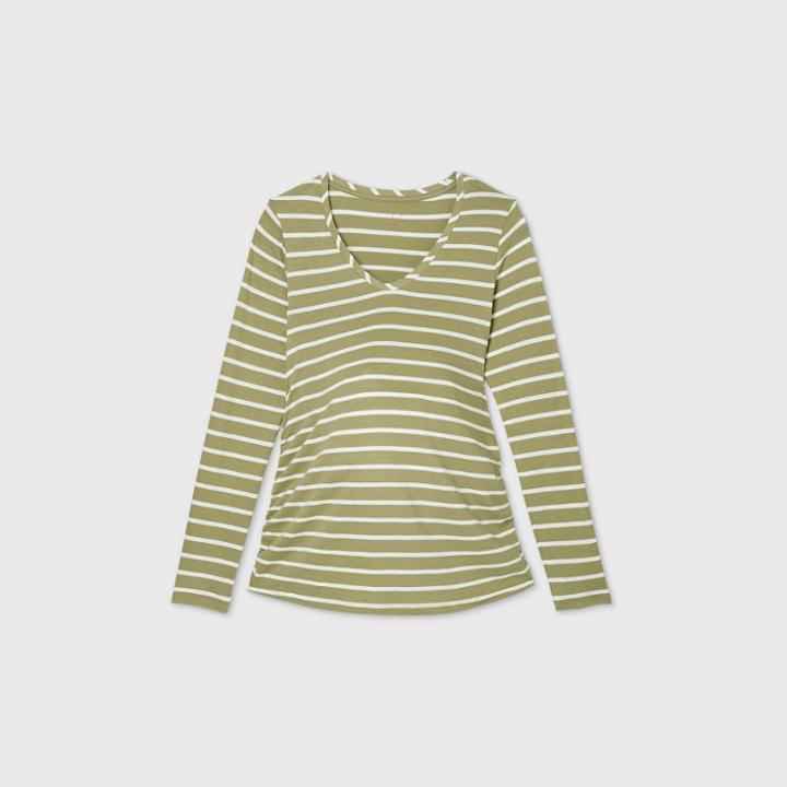 Maternity Striped Long Sleeve Scoop Neck Side Shirred T-shirt - Isabel Maternity By Ingrid & Isabel Green/cream