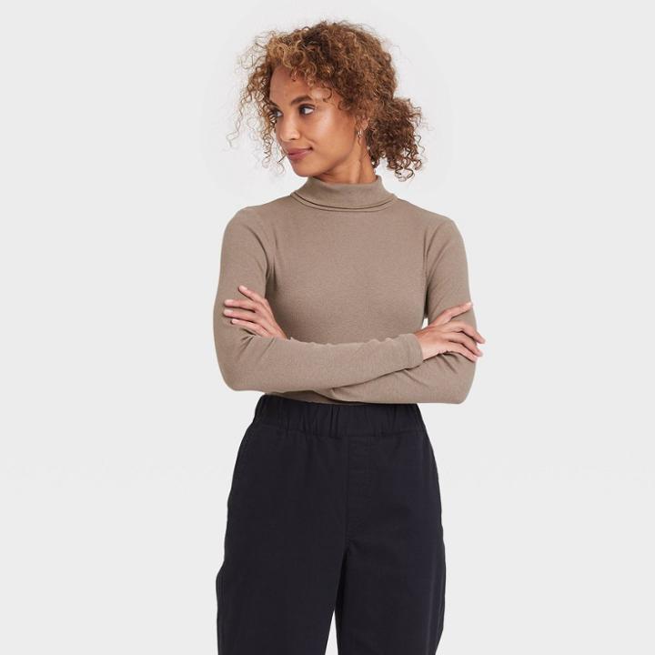 Women's Slim Fit Long Sleeve Turtleneck Ribbed T-shirt - A New Day Brown