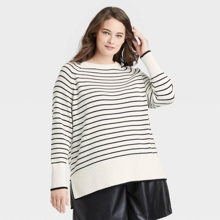 Women's Plus Size Crewneck Pullover Sweater - A New Day Cream Striped 3x, Ivory