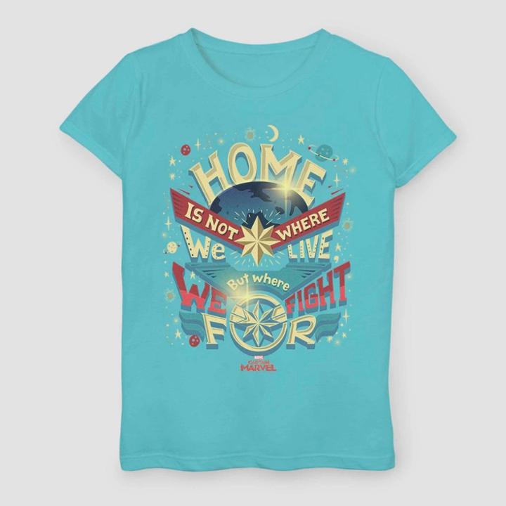 Girls' Captain Marvel Earth Fight Short Sleeve T-shirt - Aqua Blue