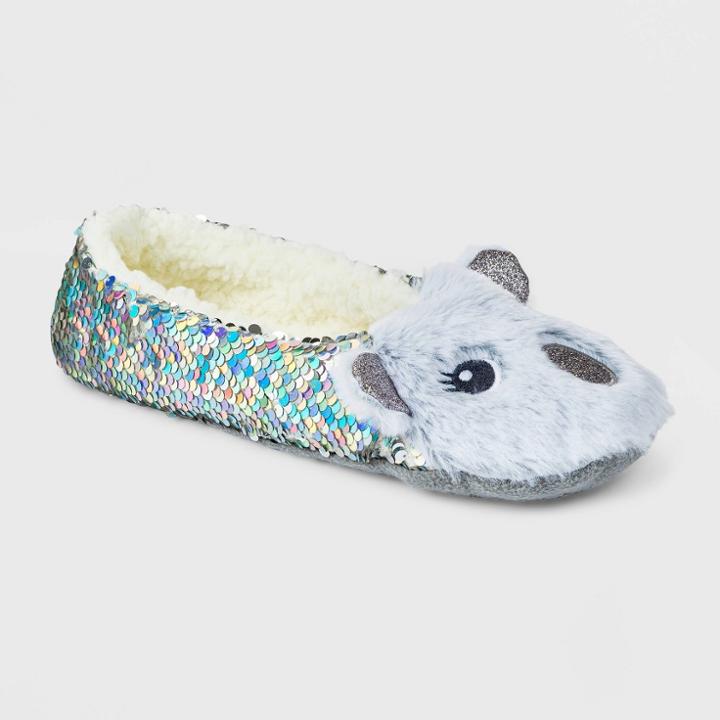 No Brand Women's Koala Faux Fur Sequin Pull-on Slipper Socks With Grippers - Gray