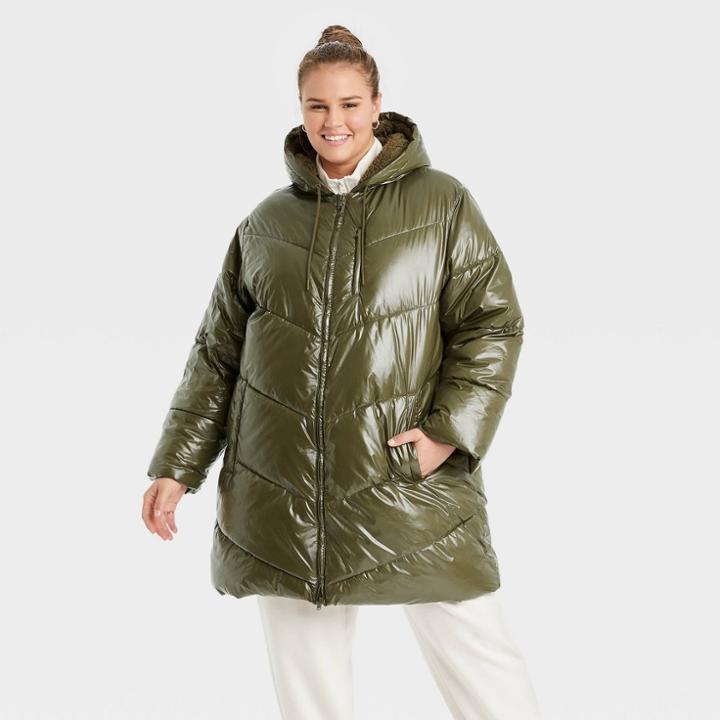 Women's Plus Size Mid Length Wet Look Puffer Jacket - A New Day Green