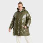 Women's Plus Size Mid Length Wet Look Puffer Jacket - A New Day Green