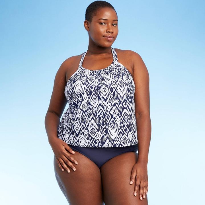 Women's Plus Size Loose Fit Tankini Top - Kona Sol Ikat Blue