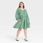 Women's Plus Size Puff Long Sleeve Tiered Dress - Universal Thread Green