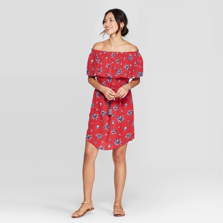 Women's Floral Print Sleeveless Off The Shoulder Shift Dress - Knox Rose Cherry Red
