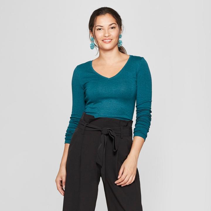 Women's Long Sleeve V-neck T-shirt - A New Day Green Heather