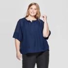 Women's Plus Size Elbow Sleeve Crewneck Tie Neck Popover Blouse - Prologue Dark Blue