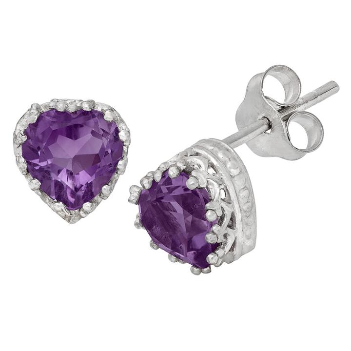 1 1/2 Tcw Tiara Sterling Silver Heart-cut Amethyst Crown Earrings