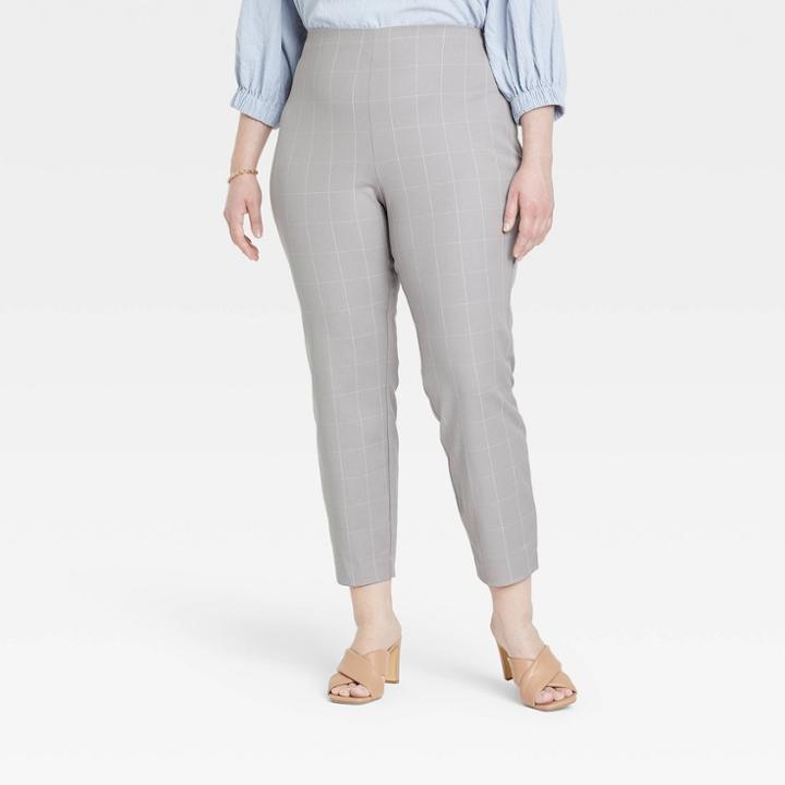 Women's Plus Size High-rise Slim Fit Ankle Pants - A New Day Gray Windowpane Check