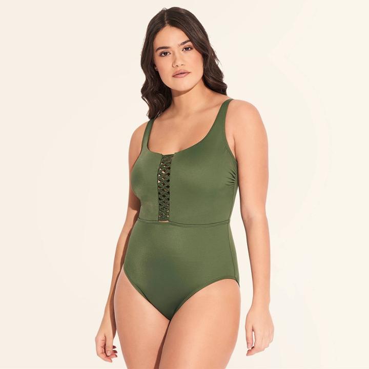 Women's Slimming Control Macrame One Piece Swimsuit - Beach Betty By Miracle Brands Olive S, Size: