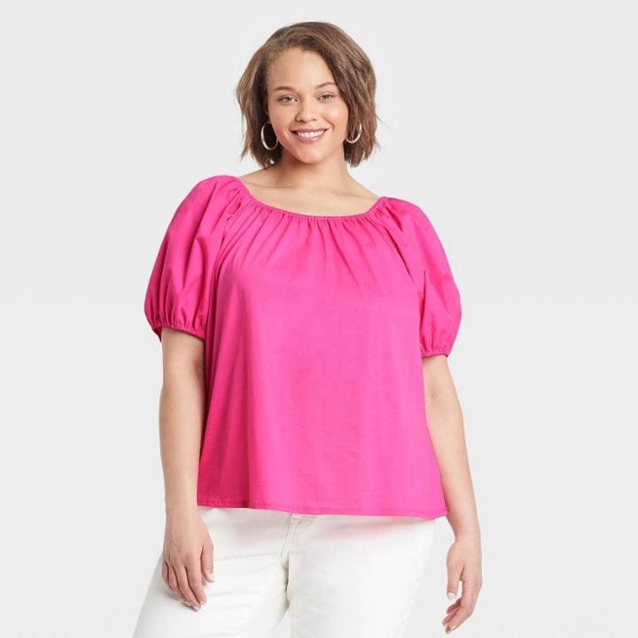 Women's Plus Size Puff Short Sleeve Tie-back Top - A New Day Pink