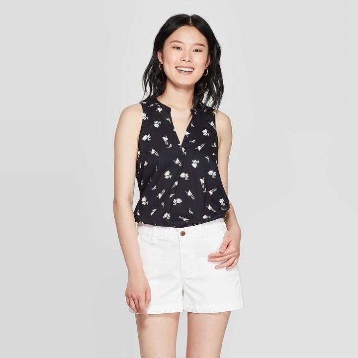 Women's Floral Print Sleeveless V-neck Blouse - A New Day Black