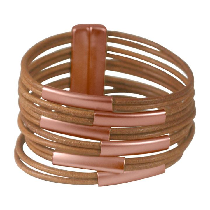 Zirconmania Zirconite Multi-strand Genuine Leather Cuff Bracelet With Tube Bars - Gold/champagne, Orange