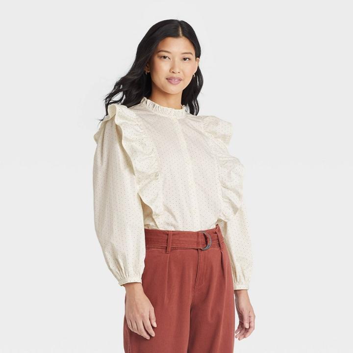 Women's Ruffle Long Sleeve Blouse - A New Day Cream Polka Dot