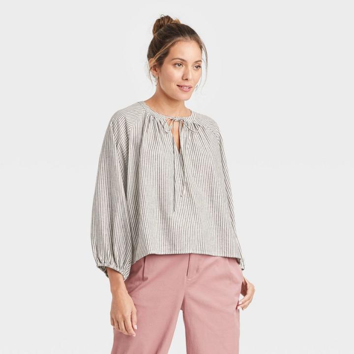 Women's Raglan Long Sleeve Tie-front Top - A New Day Cream Striped S, Ivory