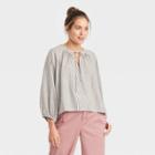Women's Raglan Long Sleeve Tie-front Top - A New Day Cream Striped S, Ivory