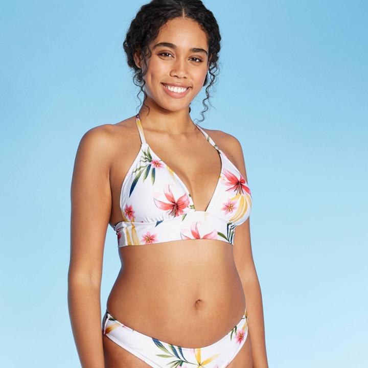 Women's Long Line Triangle Halter Bikini Top - Shade & Shore White Floral Xl, Women's, Pink