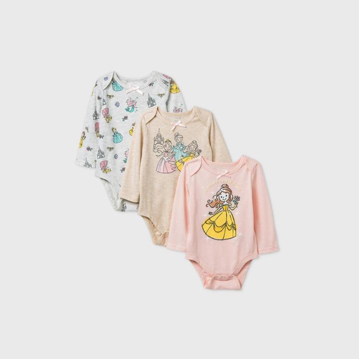 Baby Girls' 3pk Disney Princess Long Sleeve Bodysuit - Pink Newborn