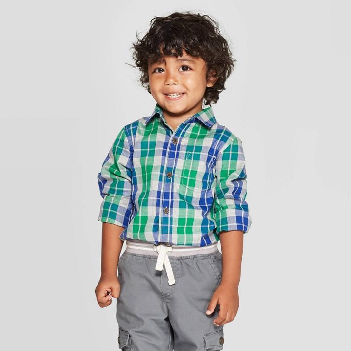 Toddler Boys' Specialty Twill Long Sleeve Plaid Button-down Shirt - Cat & Jack Green