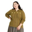 Women's Plus Size Floral Embroidered Collared Pullover Sweater - Sandy Liang X Target Olive Green