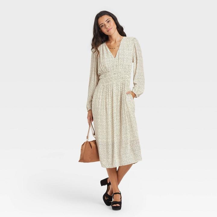 Women's Long Sleeve Smocked Waist Dress - A New Day Cream Printed Xs, Ivory Printed