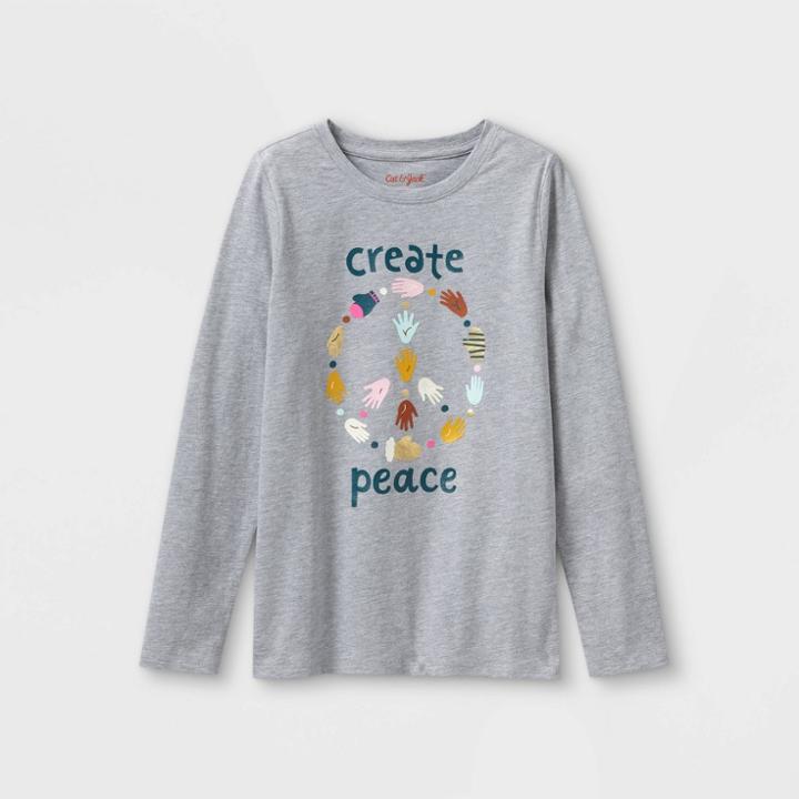 Girls' 'create Peace' Long Sleeve Graphic T-shirt - Cat & Jack Heather Gray