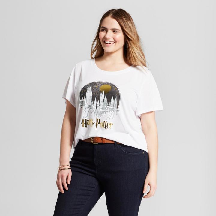 Women's Harry Potter Plus Size Celestial School Moon Short Sleeve Crew Neck T-shirt (juniors') White